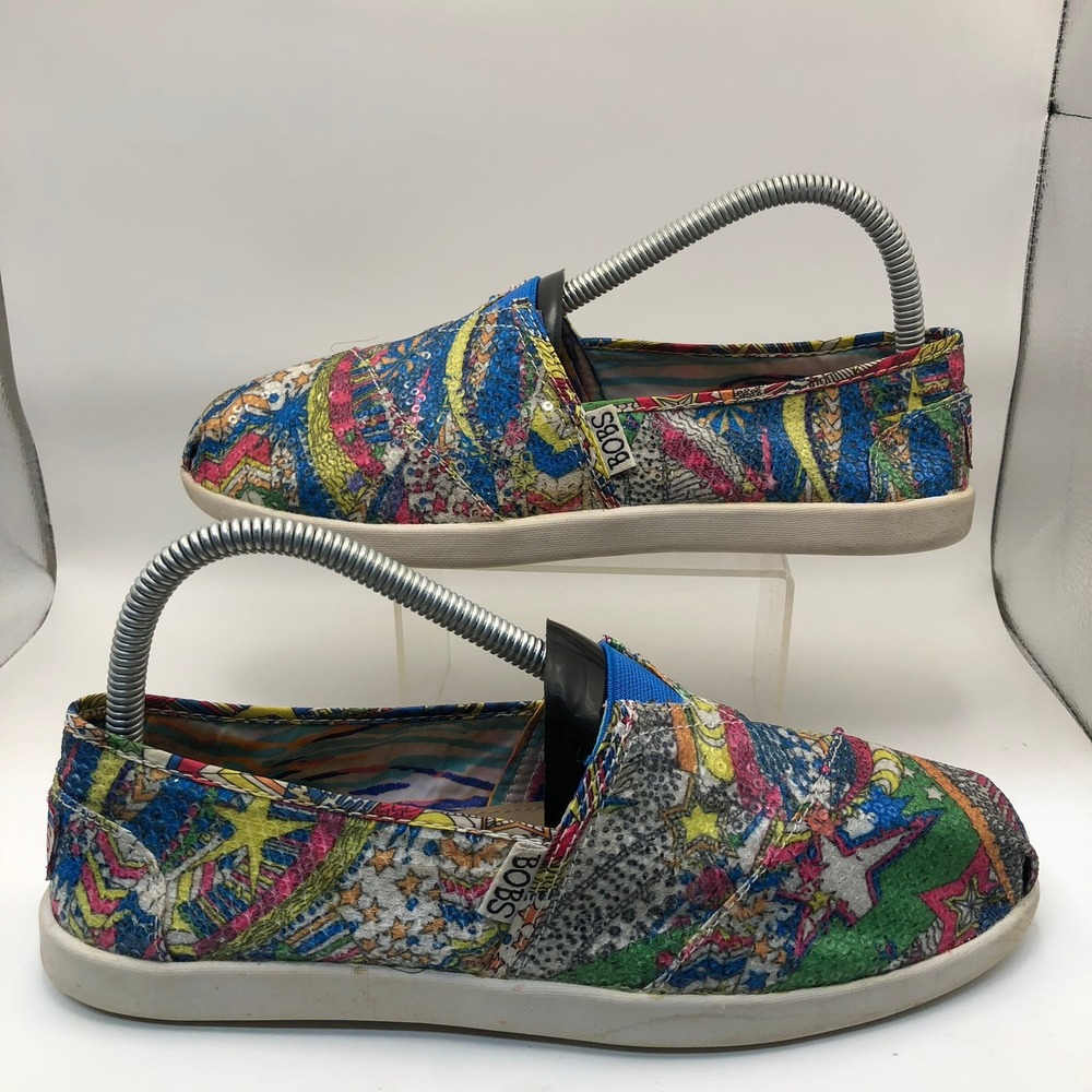 Skechers Bobs Pop Art‎ Graffiti Sequin Slip On Flats Multi Color Womens 8M